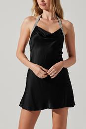 Sicily Satin Halter Rhinestone Trim Mini Dress