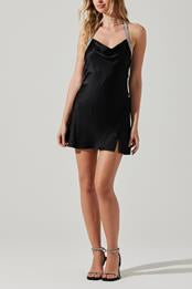 Sicily Satin Halter Rhinestone Trim Mini Dress