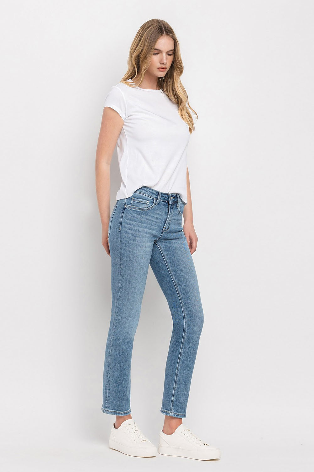 Mid Rise Ankle Slim Straight Jean