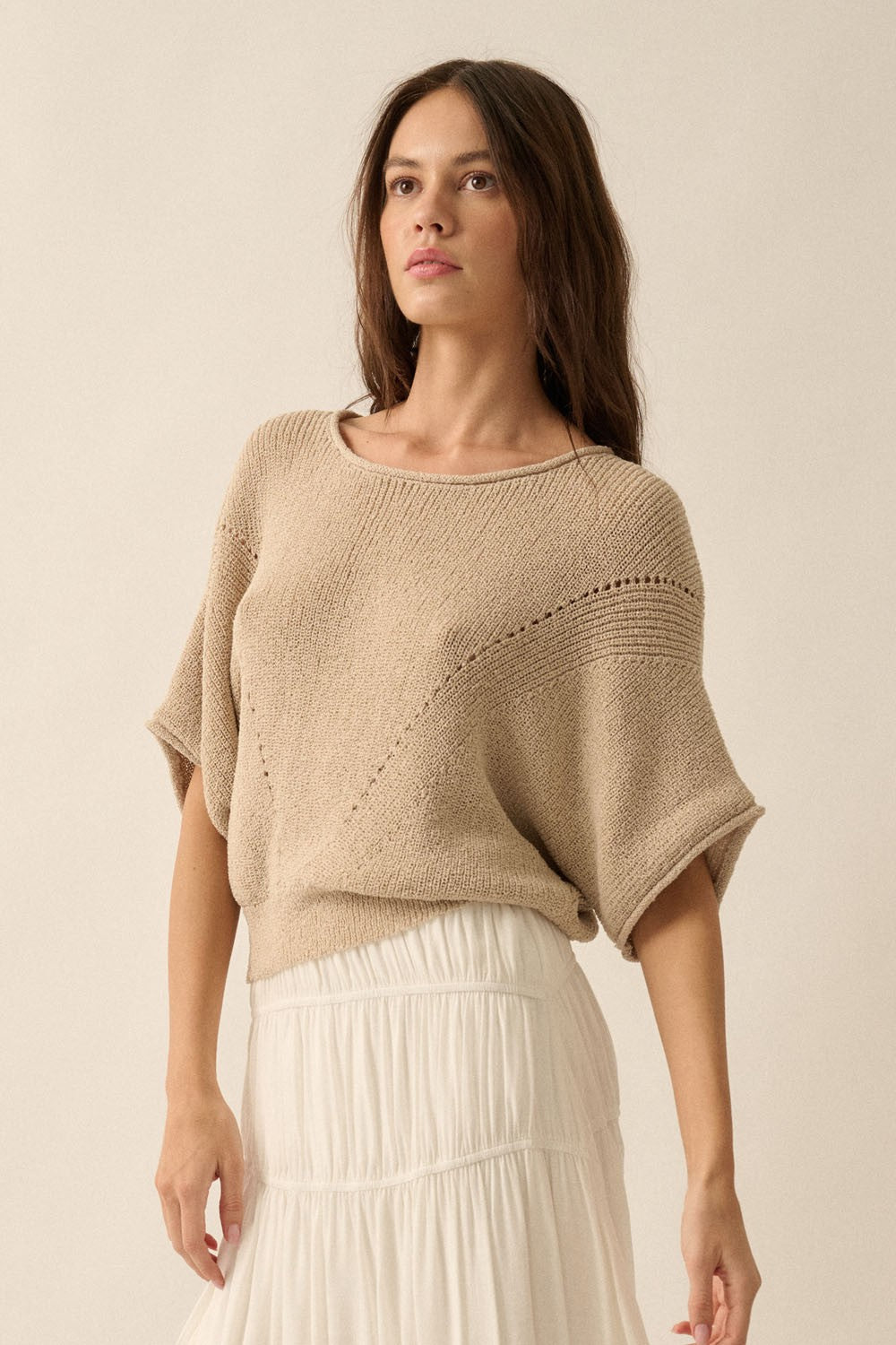 Short-Sleeve Pointelle Ribbed Knit Sweater