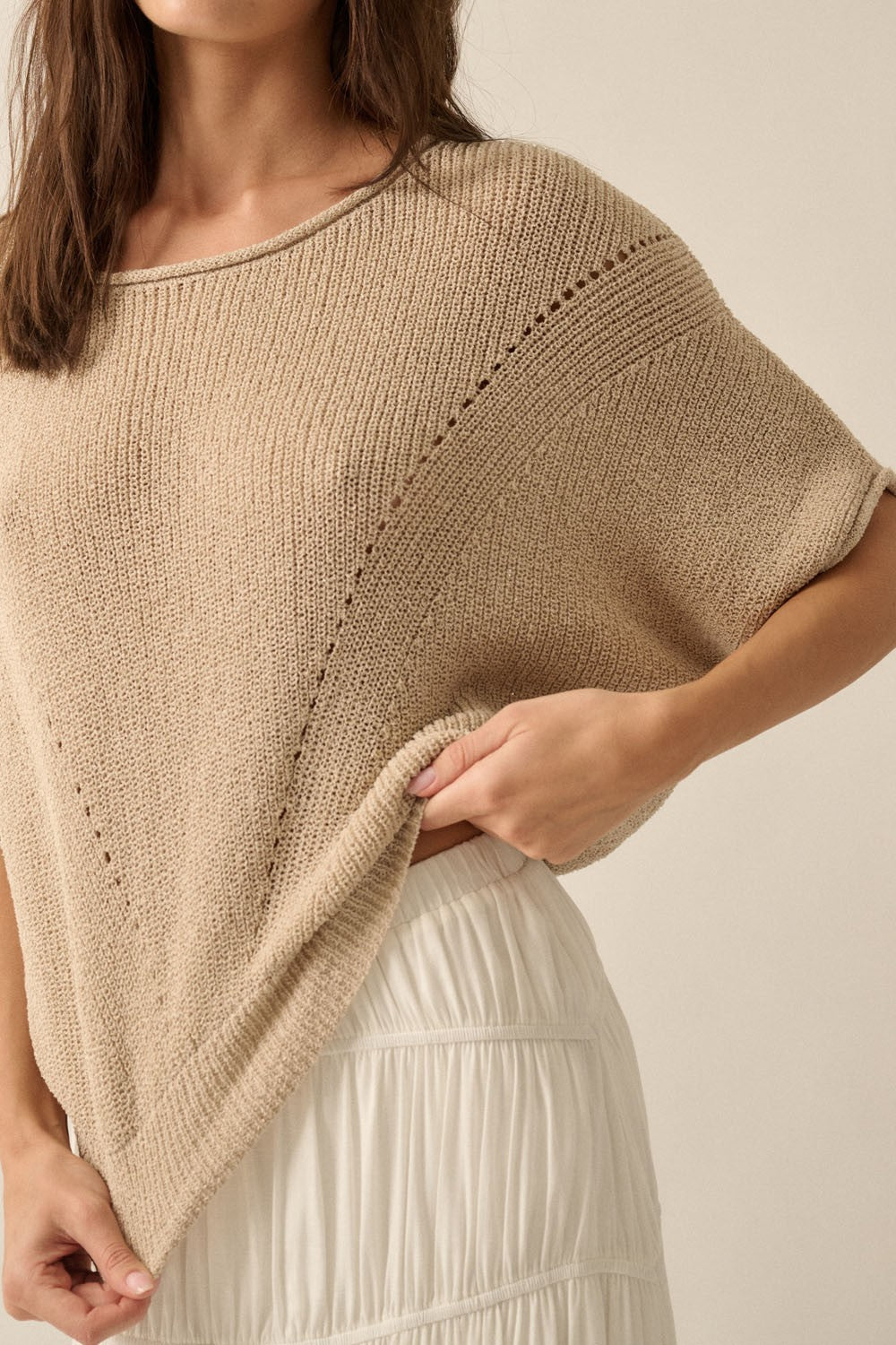 Short-Sleeve Pointelle Ribbed Knit Sweater