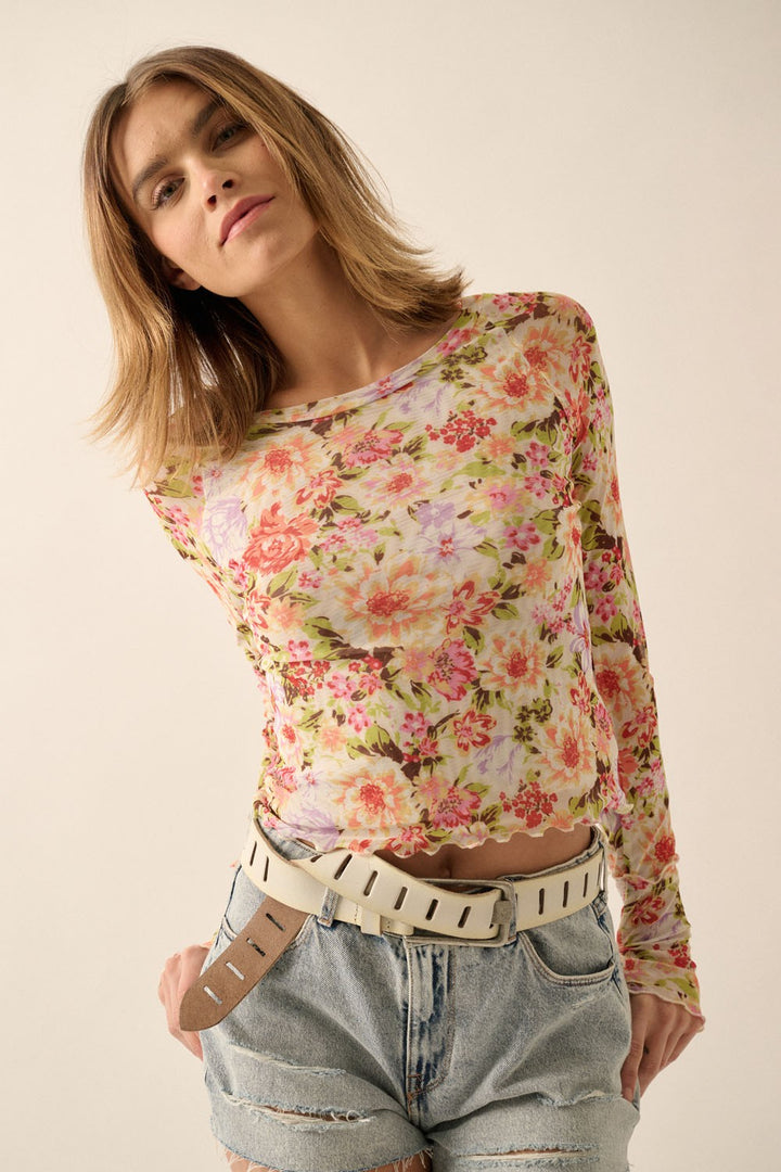 Floral Fitted Mesh Long Sleeve Top