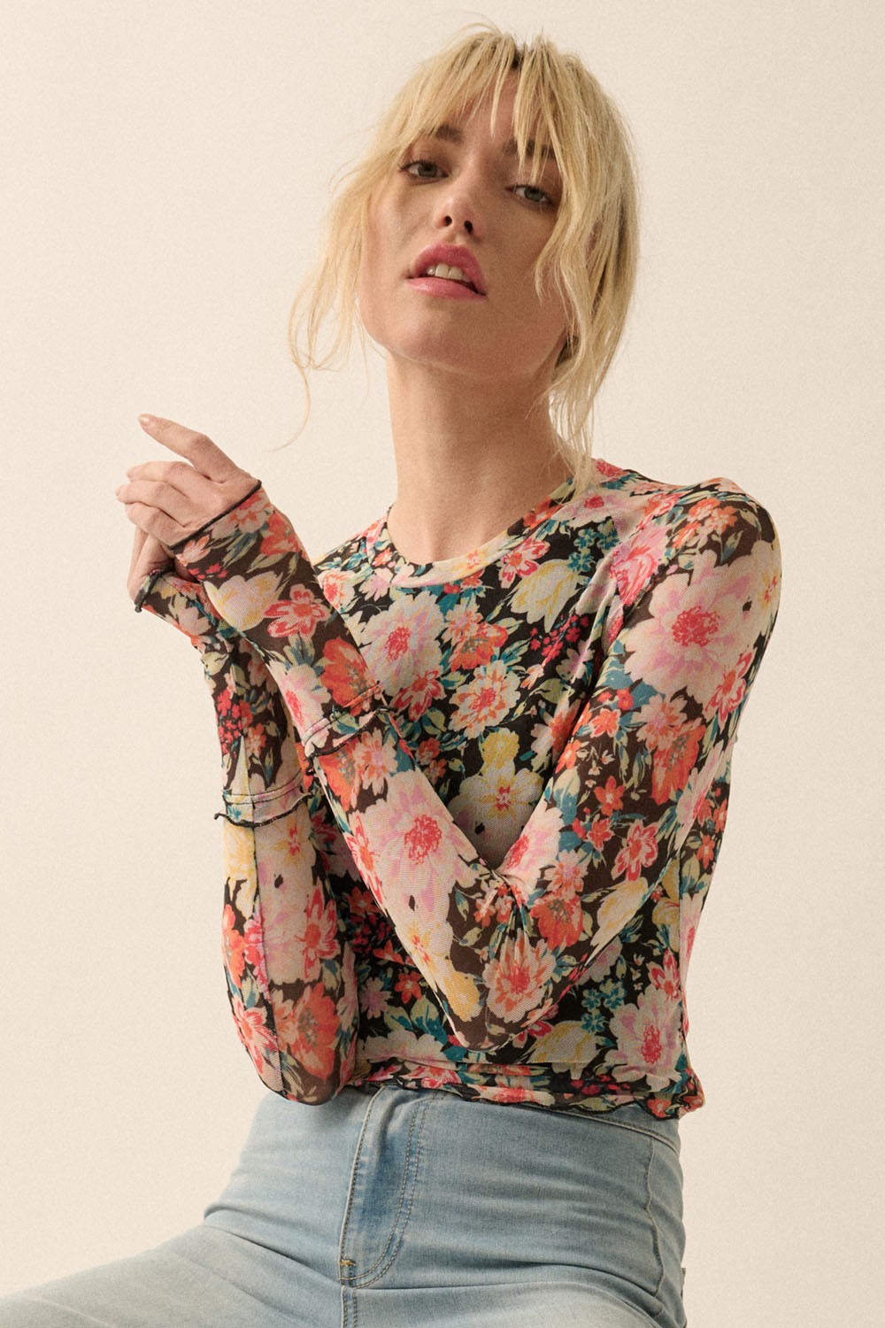 Floral Fitted Mesh Long Sleeve Top