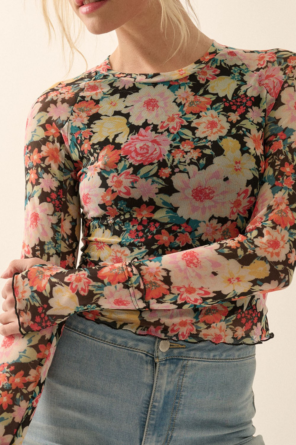 Floral Fitted Mesh Long Sleeve Top