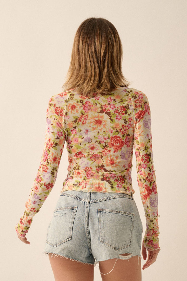 Floral Fitted Mesh Long Sleeve Top