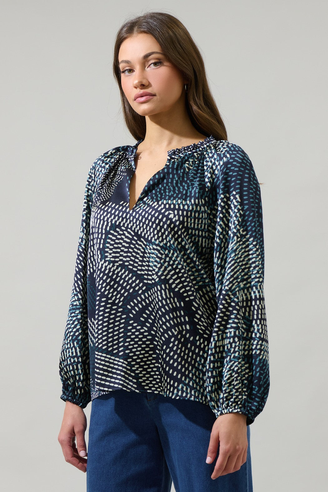 Kirby Geometric Jovie Split Neck Satin Blouse