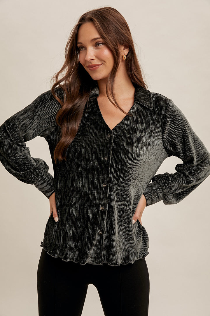 Crinkle Velvet Button Down Shirt