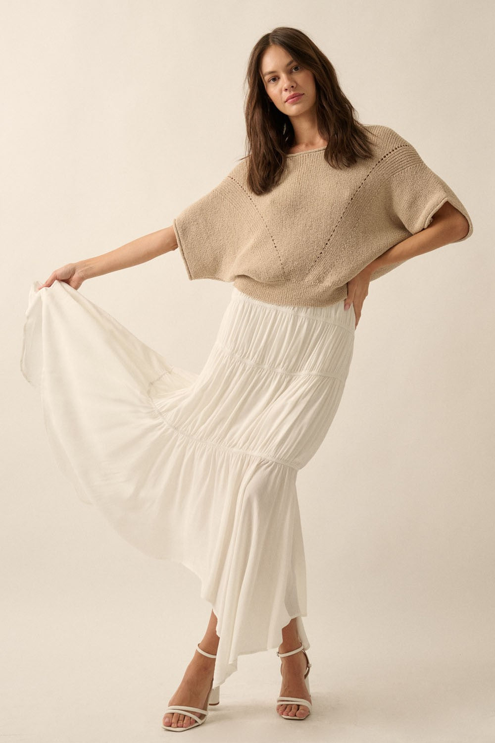 Short-Sleeve Pointelle Ribbed Knit Sweater