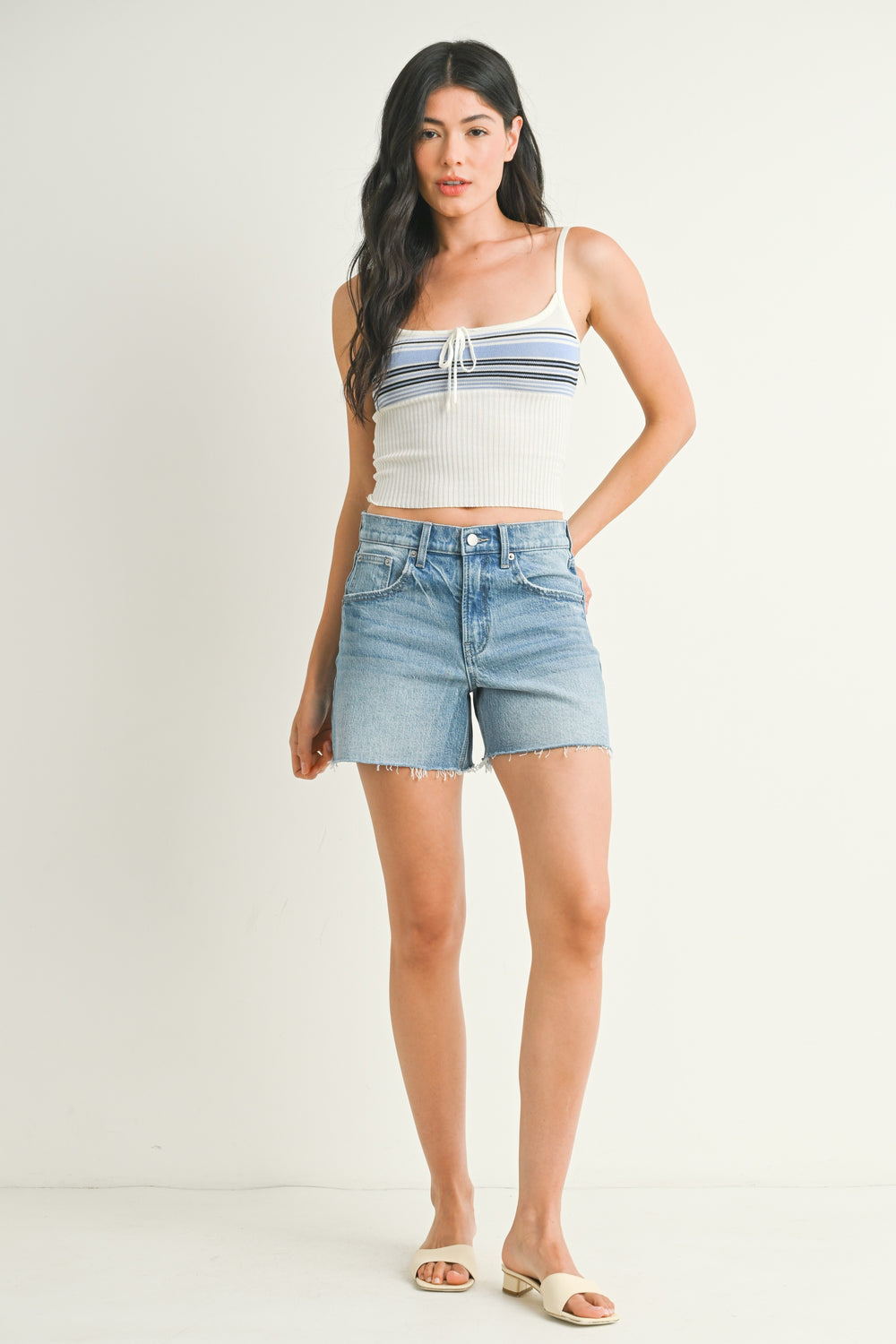 Longer Length Stretch Denim Shorts