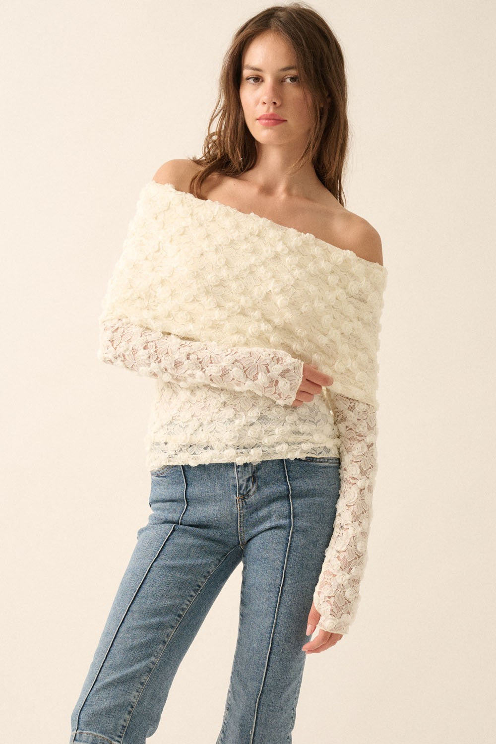 Floral Lace Off-Shoulder Thumbhole Top