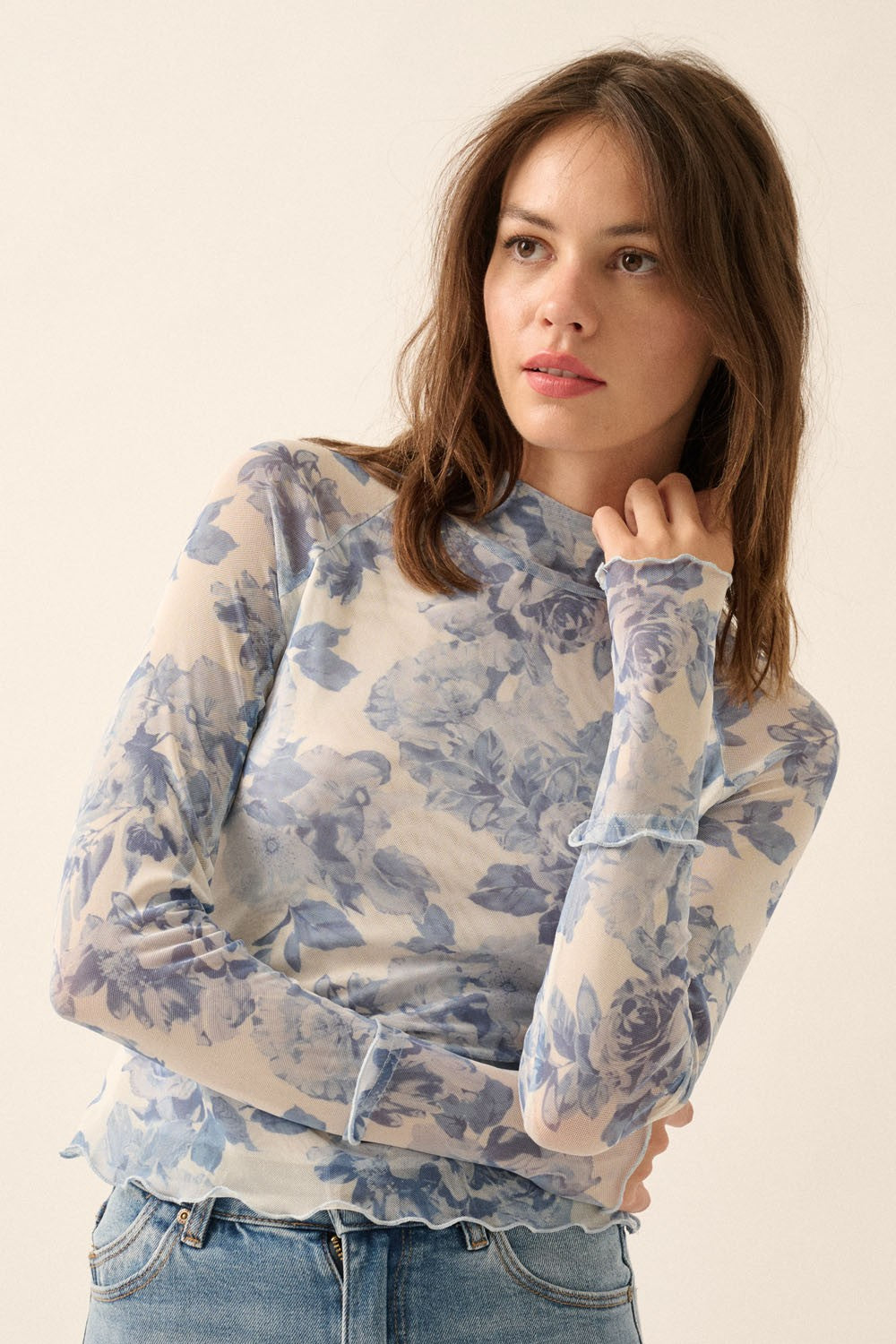 Floral Mesh Mock Neck Top