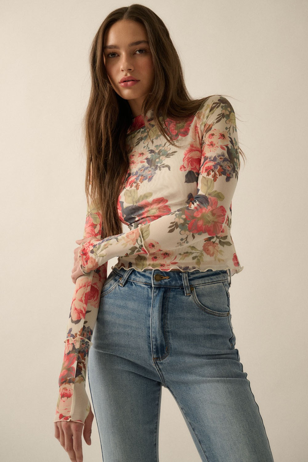 Floral-Print Mesh Mock-Neck Thumbhole Top