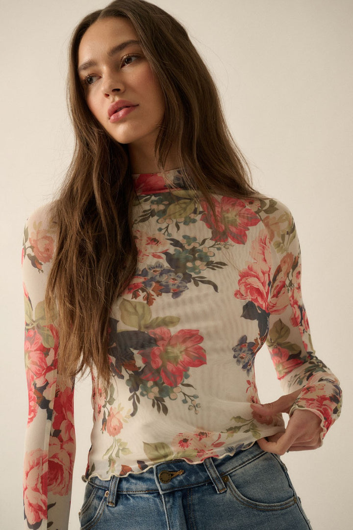 Floral-Print Mesh Mock-Neck Thumbhole Top