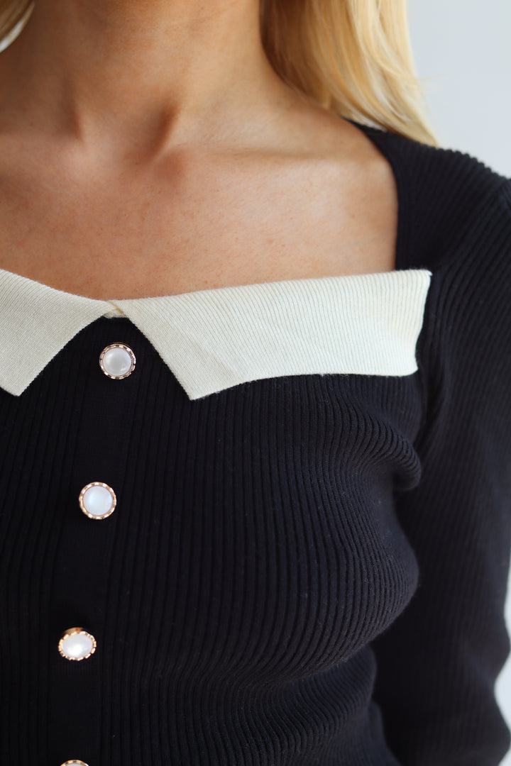 Knit Puff Sleeve Button Detail Fitted Sweater