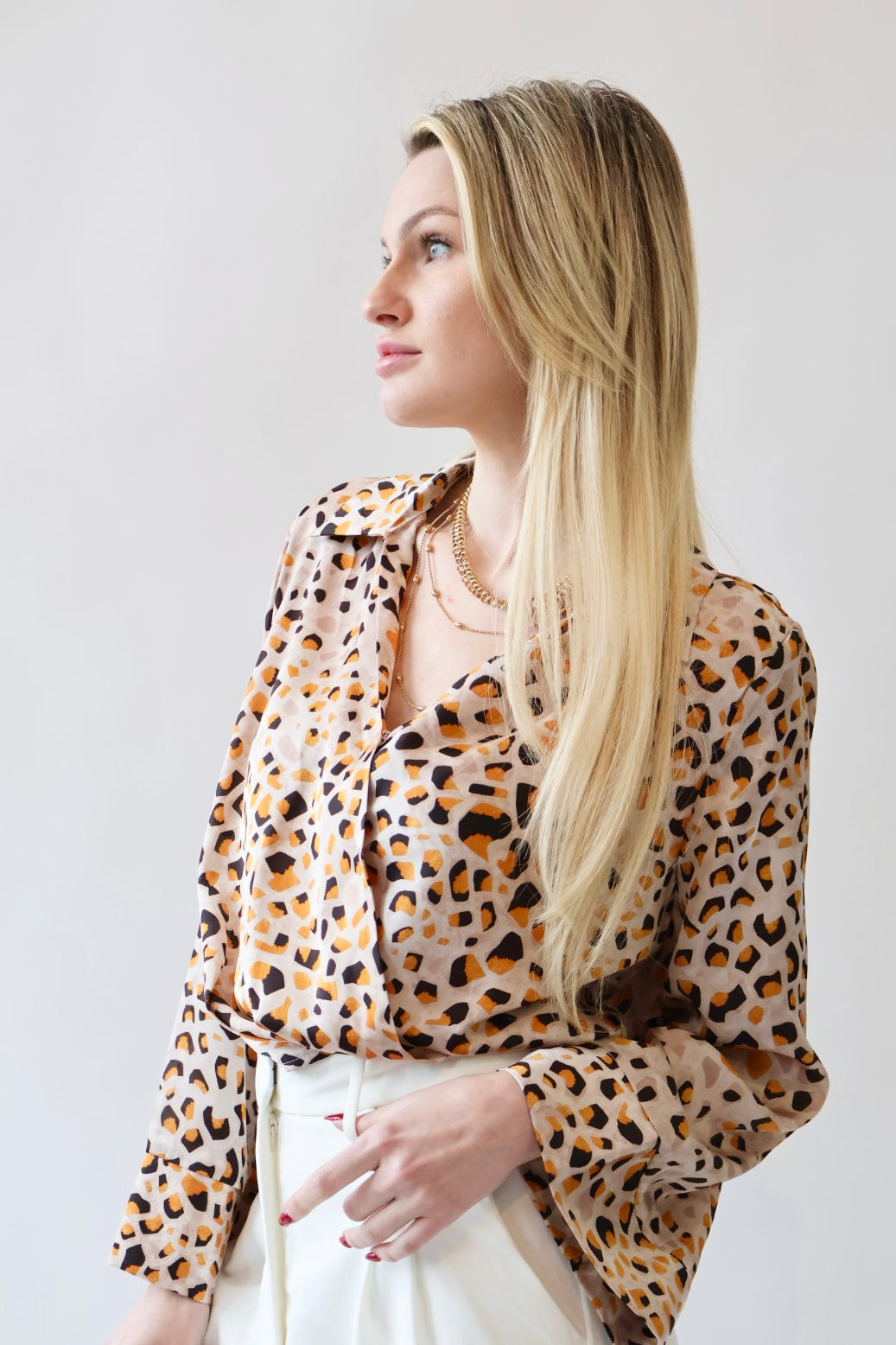 Collared Cross Front Satin Animal Print Blouse