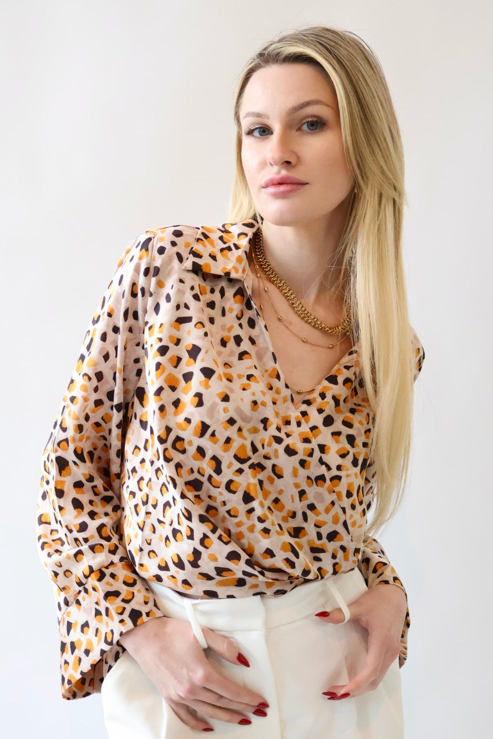 Collared Cross Front Satin Animal Print Blouse