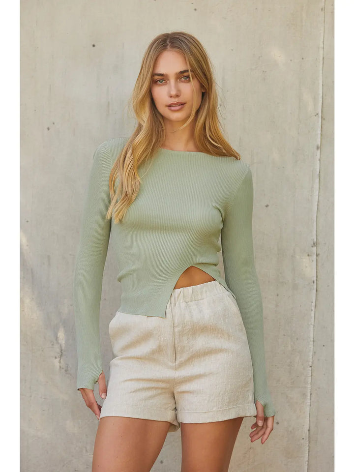 Front Split Ribbed Sweater Top