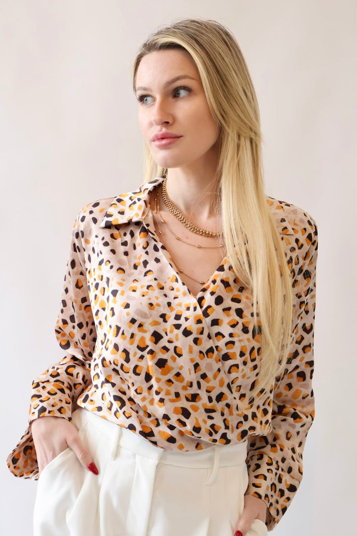 Collared Cross Front Satin Animal Print Blouse