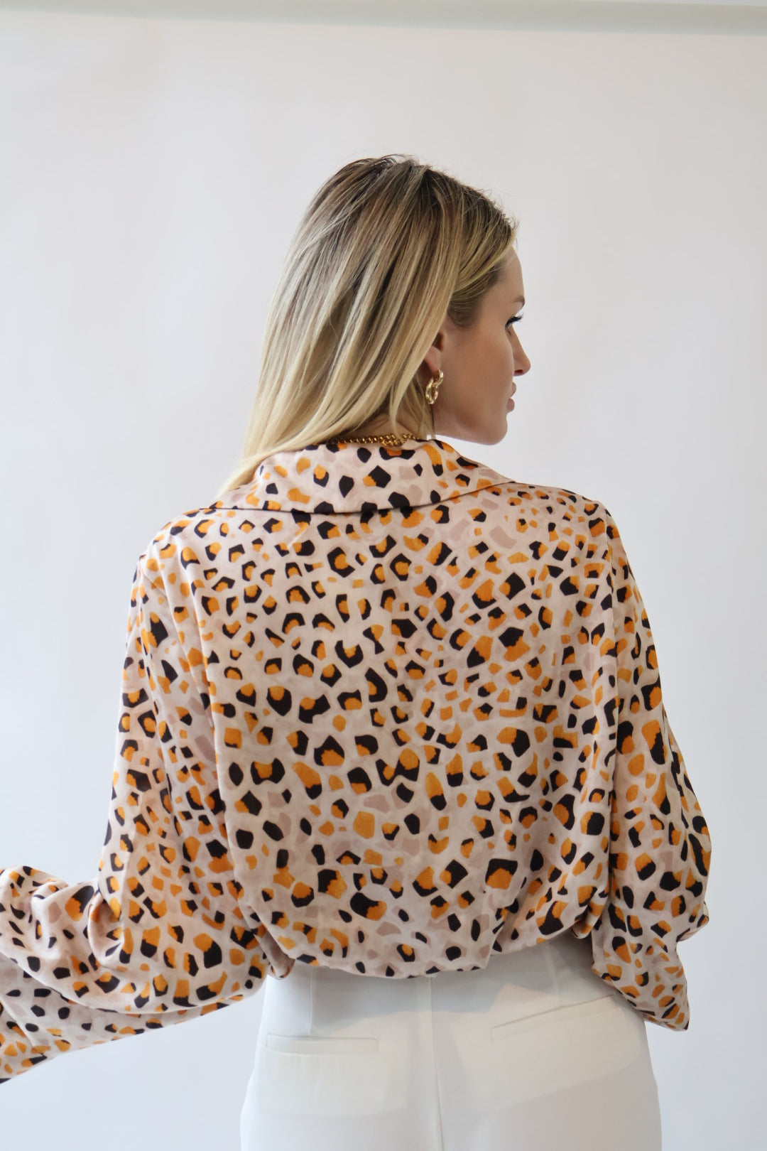 Collared Cross Front Satin Animal Print Blouse