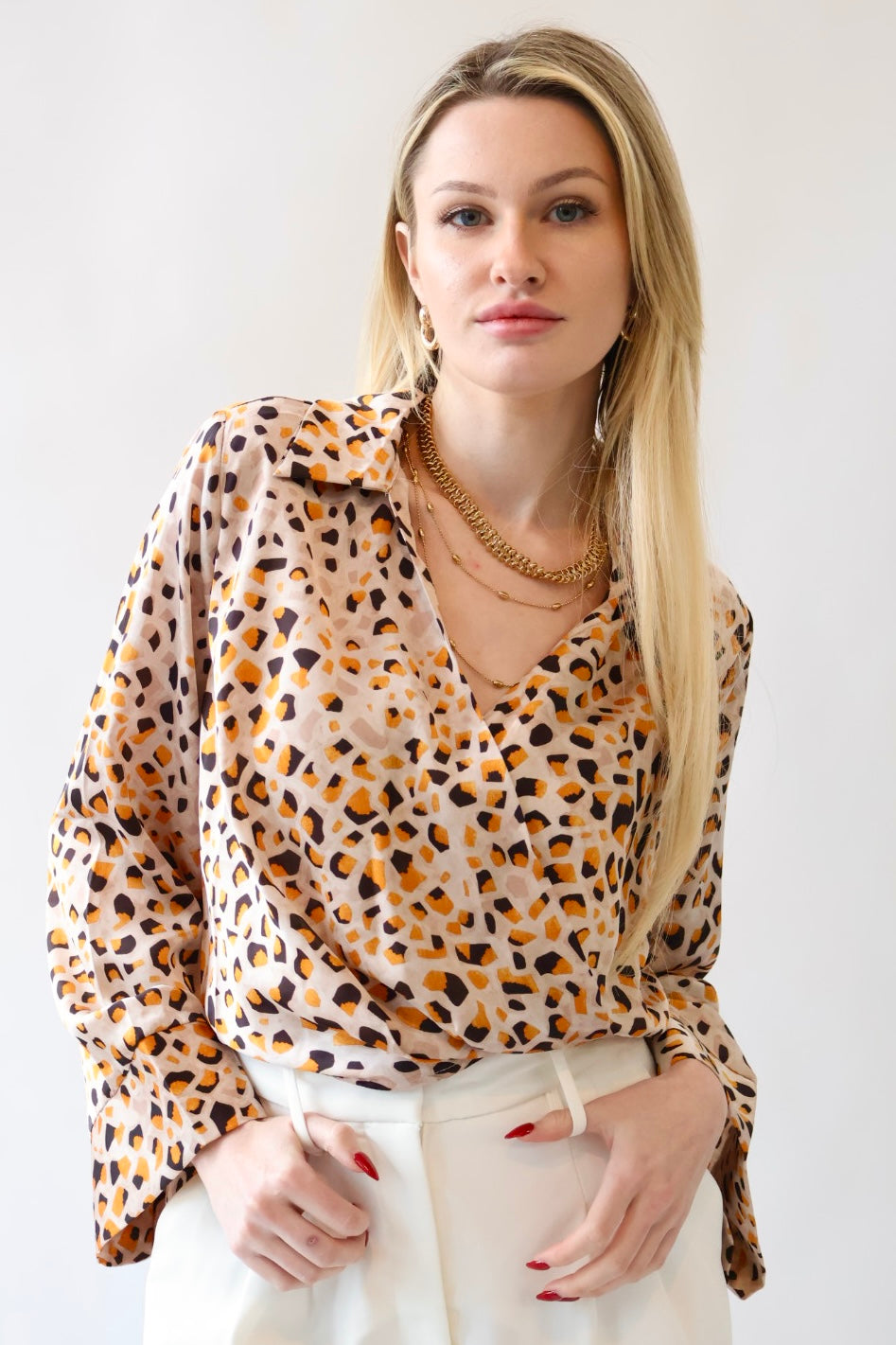 Collared Cross Front Satin Animal Print Blouse