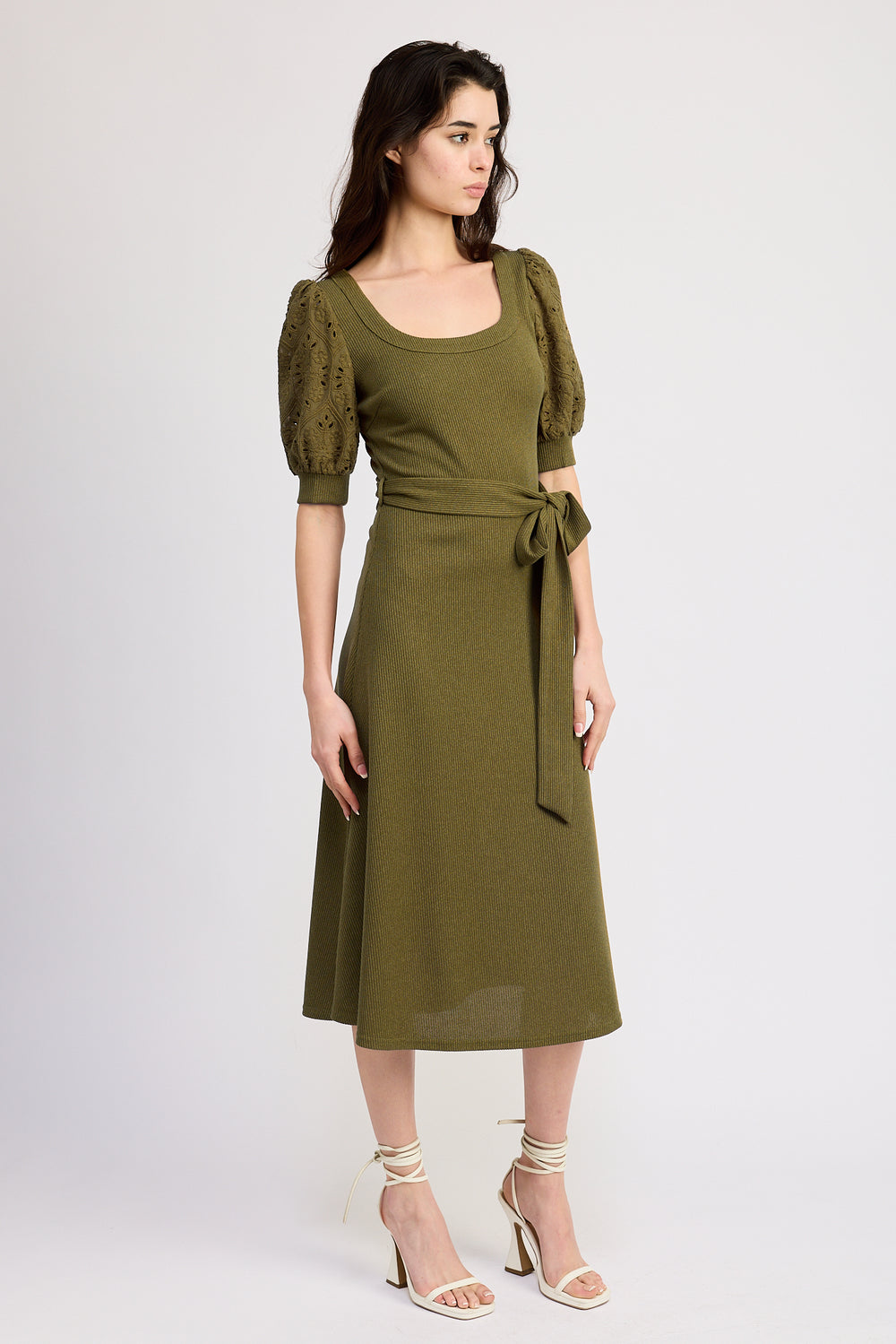 Broderie Puff Sleeve Midi Dress