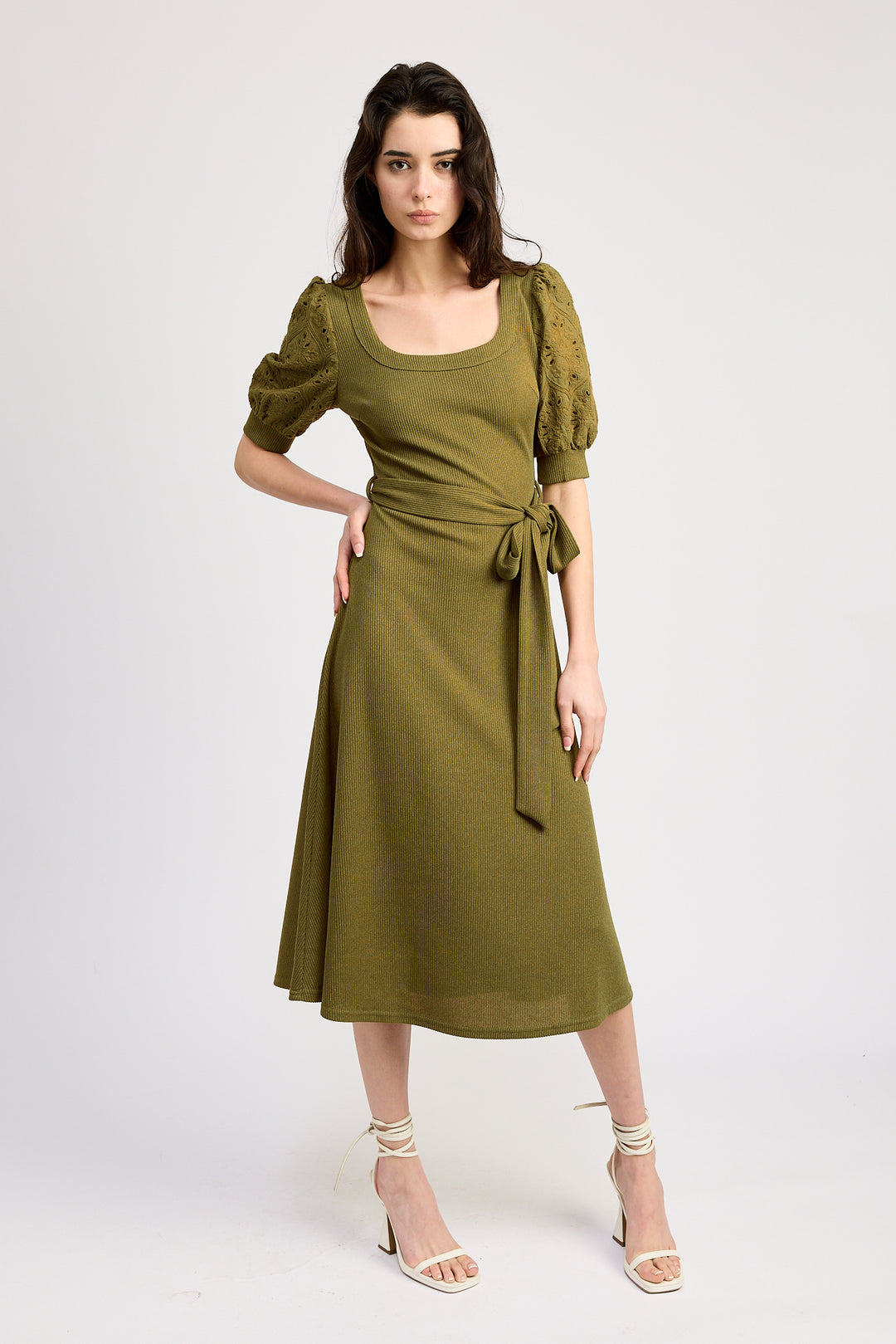 Broderie Puff Sleeve Midi Dress