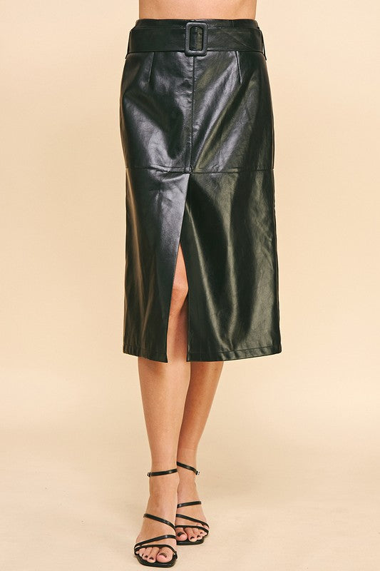 Belted Leather Midi Skirt