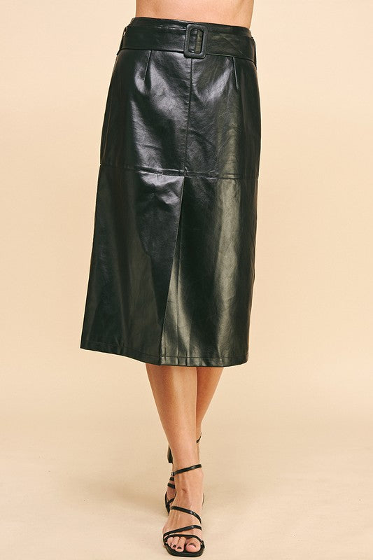 Belted Leather Midi Skirt