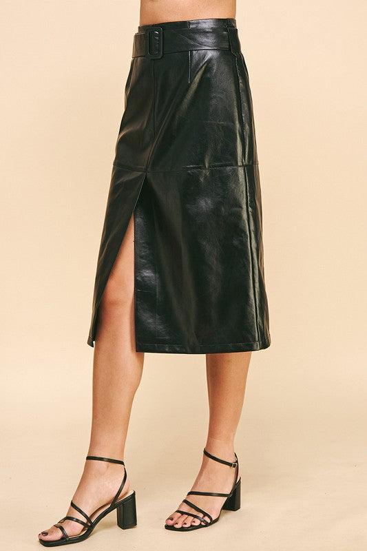 Belted Leather Midi Skirt