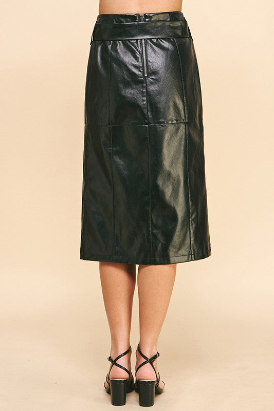 Belted Leather Midi Skirt