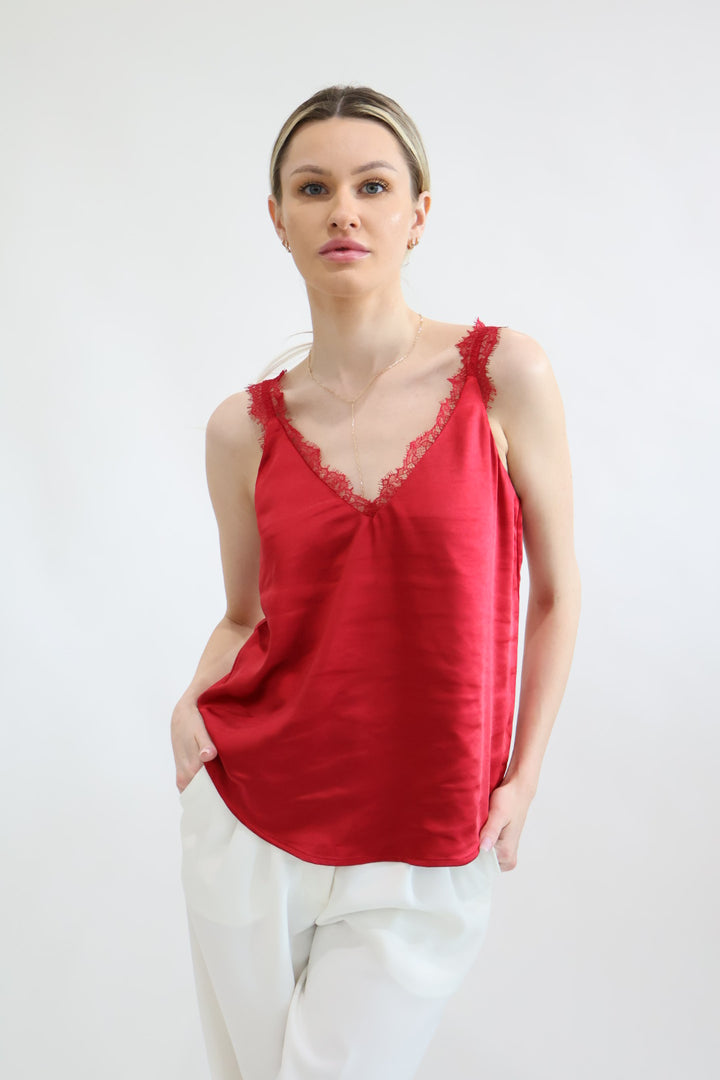 V Neck Lace Trim Red Camisole