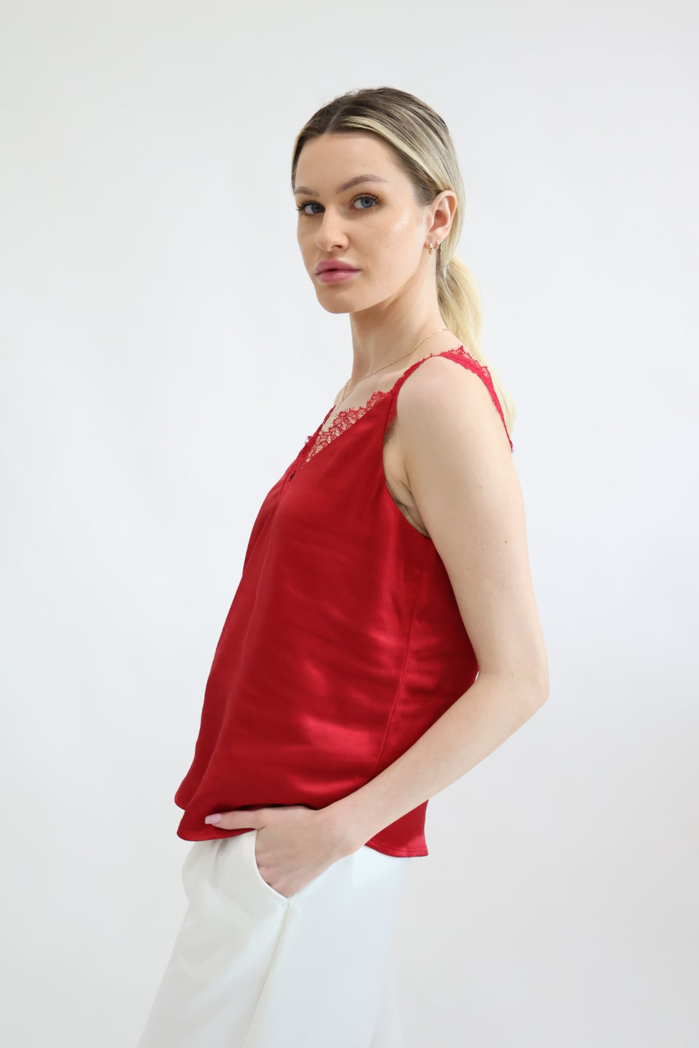 V Neck Lace Trim Red Camisole