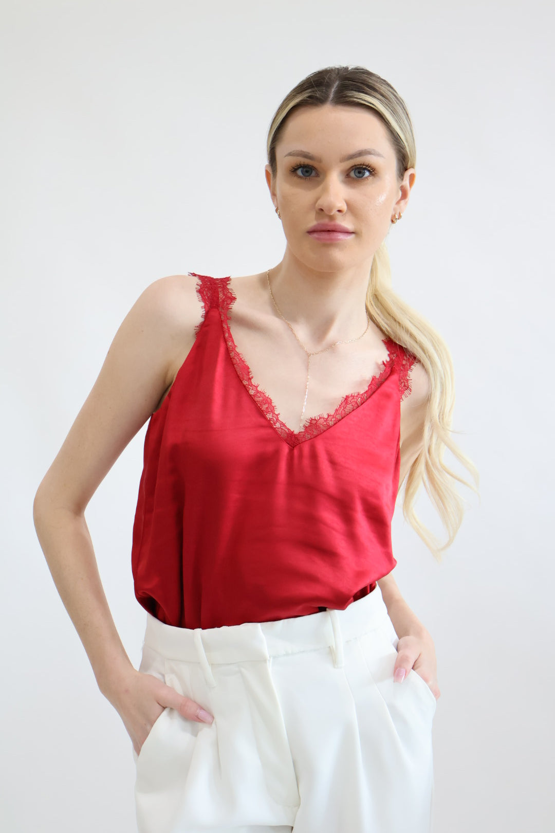 V Neck Lace Trim Red Camisole