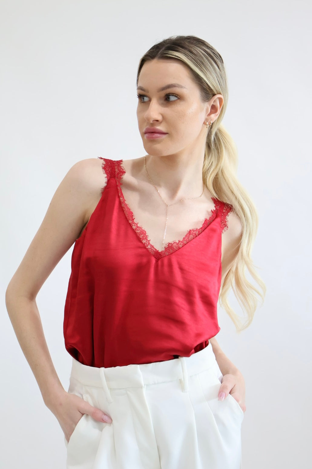 V Neck Lace Trim Red Camisole