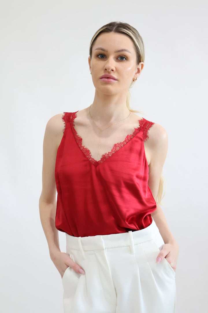 V Neck Lace Trim Red Camisole