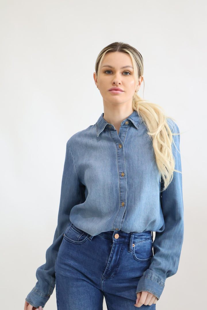 Chambray Long Sleeve Button Down Top