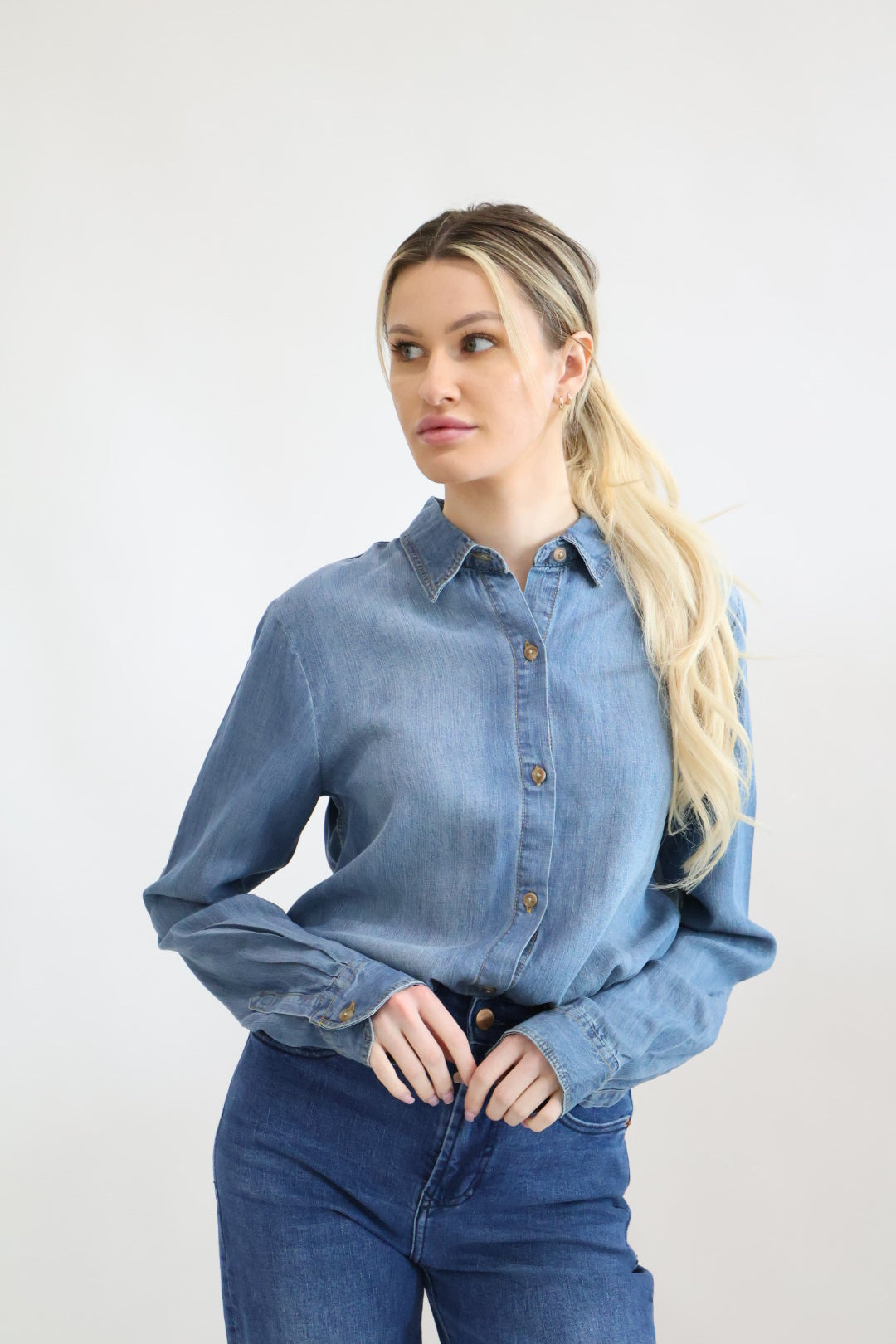 Chambray Long Sleeve Button Down Top