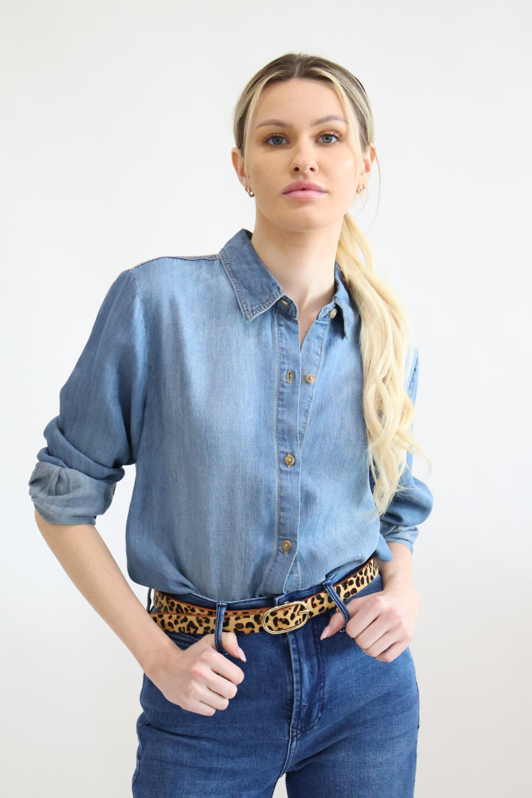 Chambray Long Sleeve Button Down Top