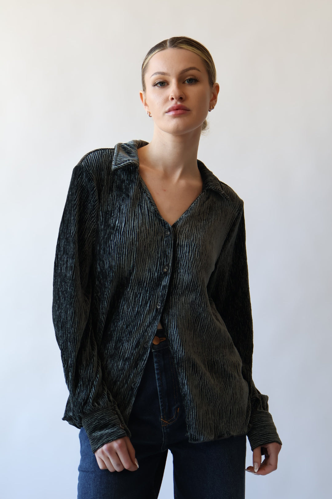 Crinkle Velvet Button Down Shirt