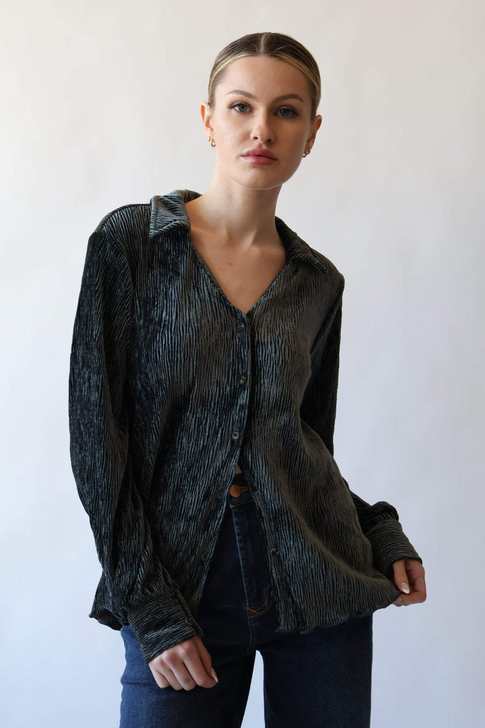 Crinkle Velvet Button Down Shirt