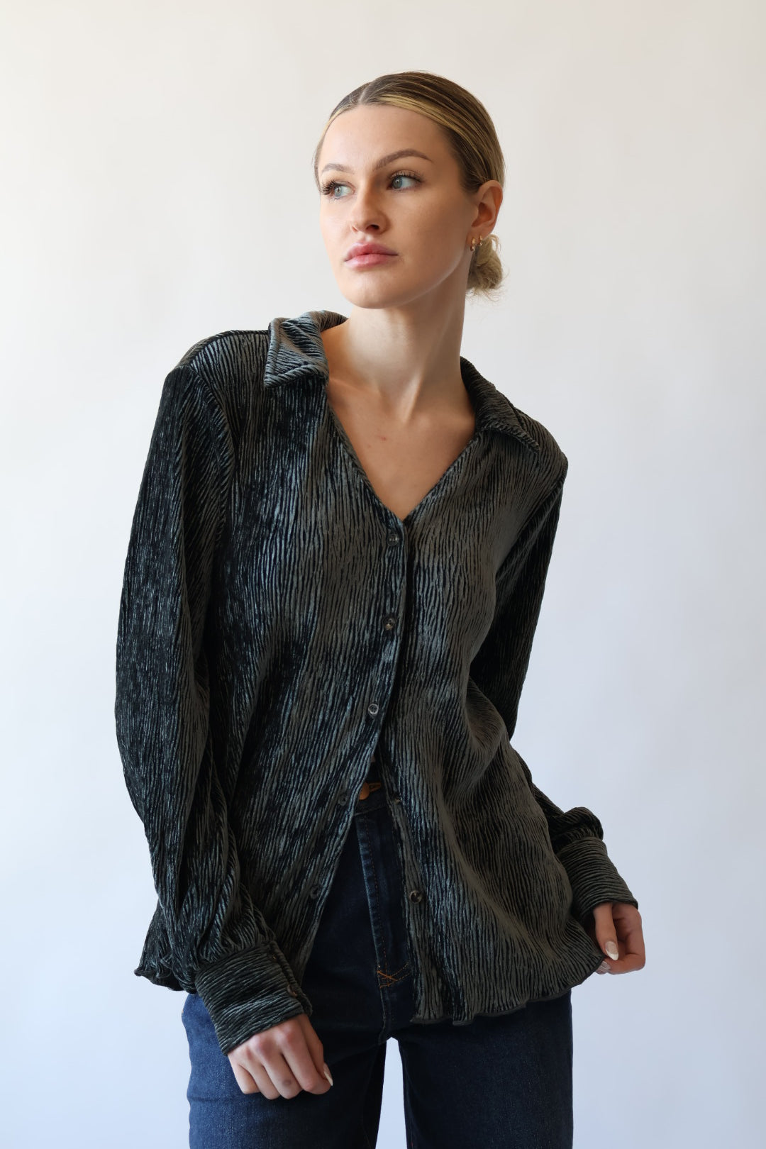 Crinkle Velvet Button Down Shirt