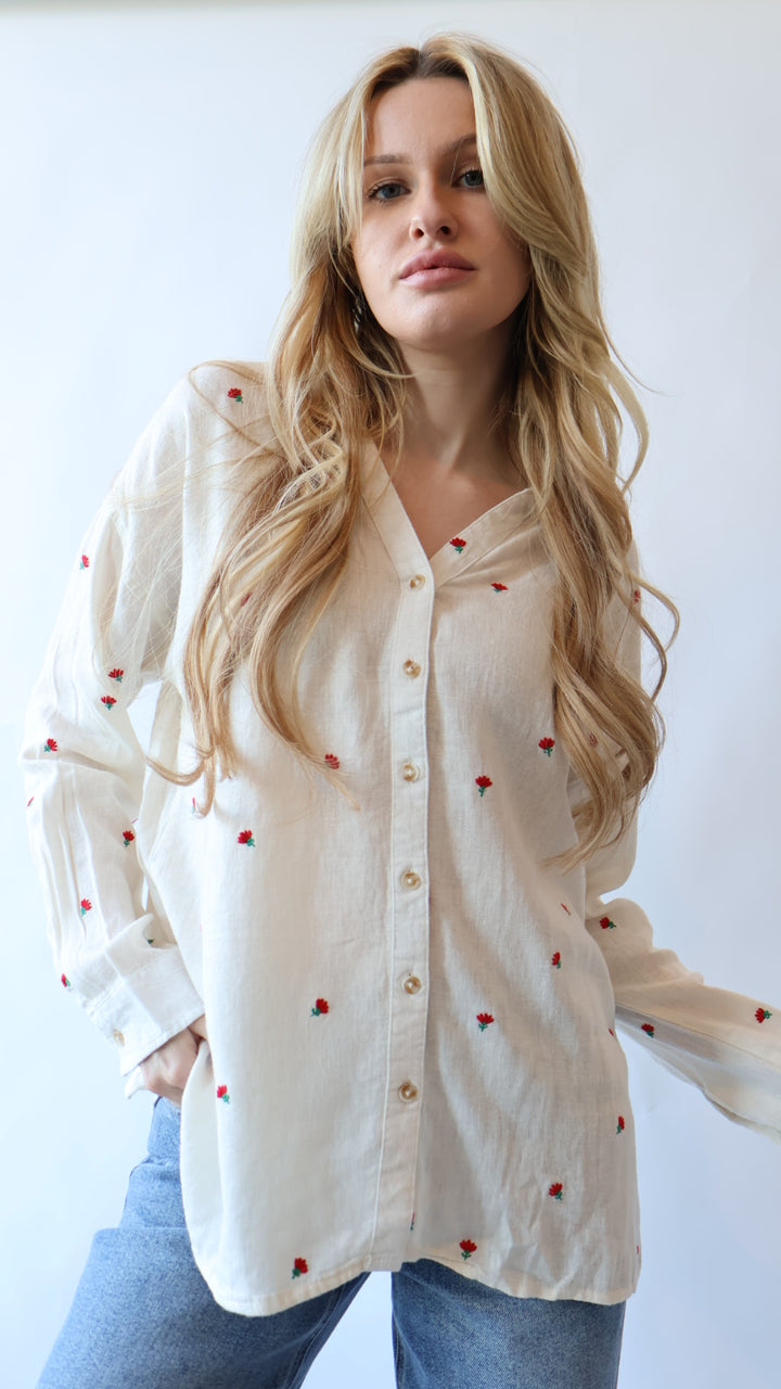 Floral Embroidered Linen Button Down Top