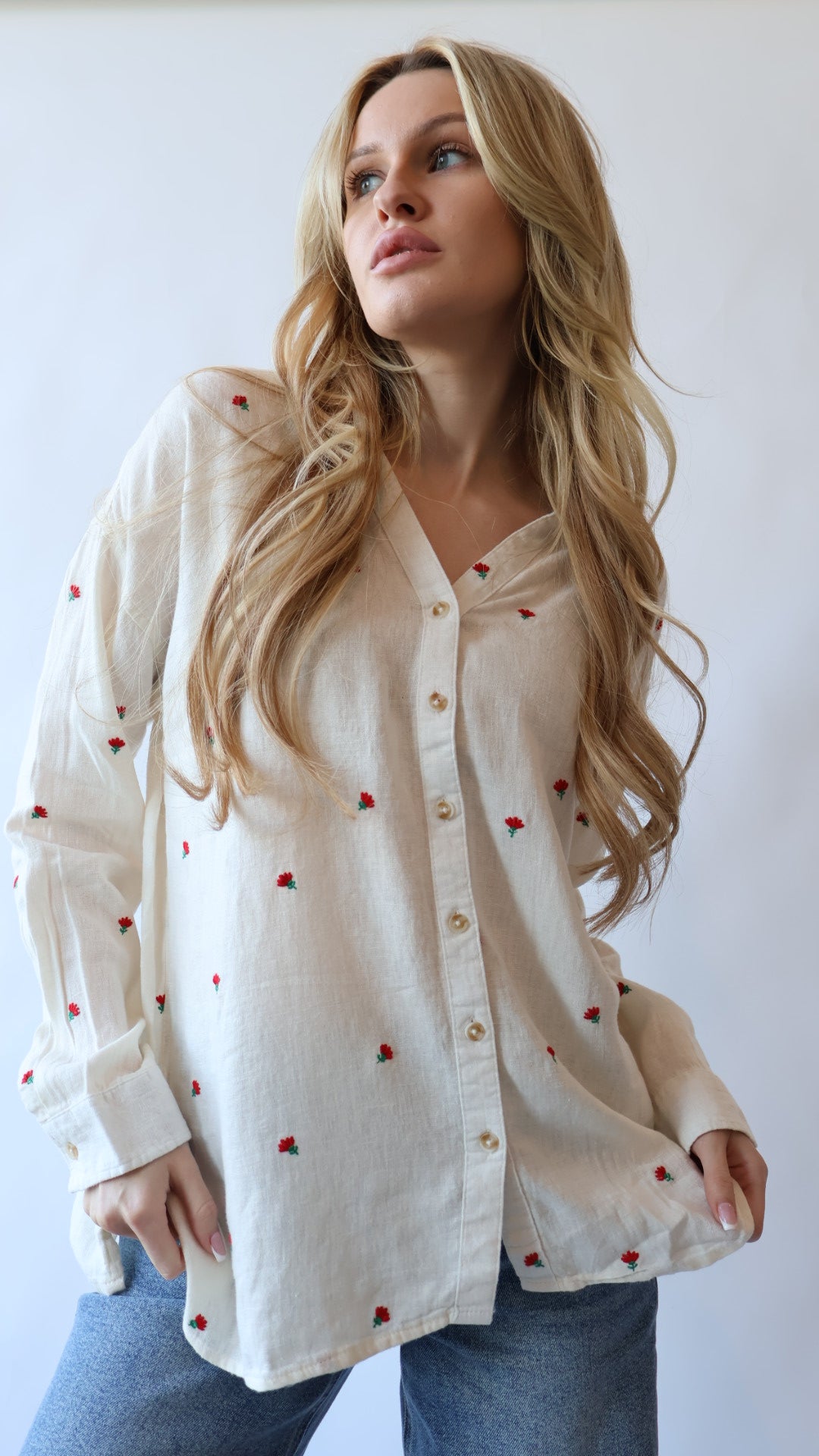 Floral Embroidered Linen Button Down Top