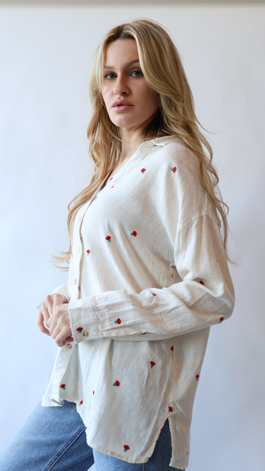 Floral Embroidered Linen Button Down Top