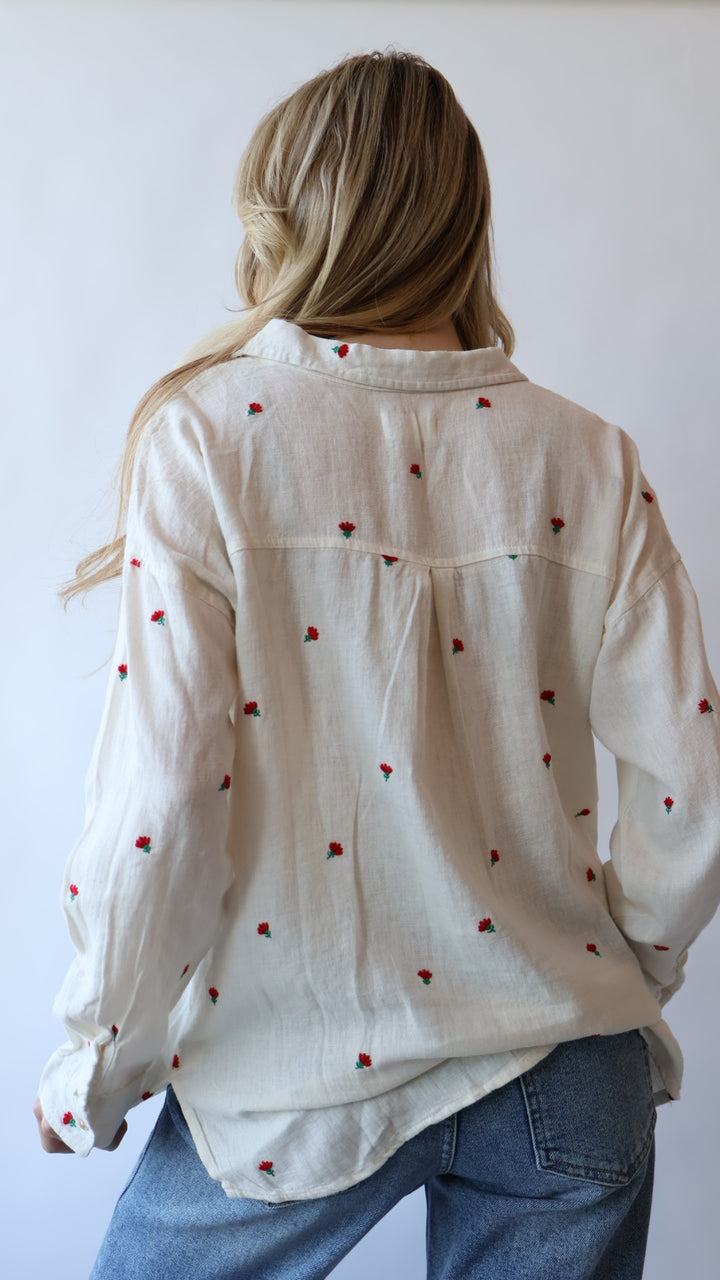 Floral Embroidered Linen Button Down Top