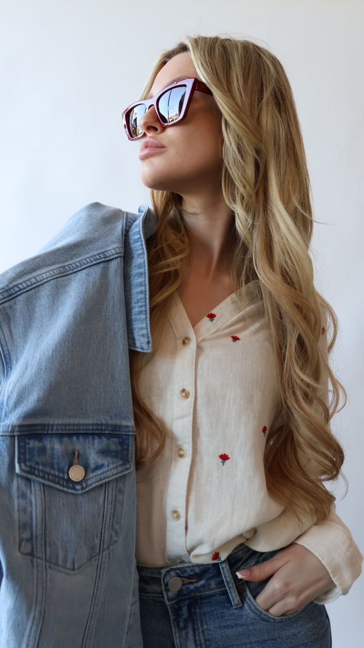 Floral Embroidered Linen Button Down Top