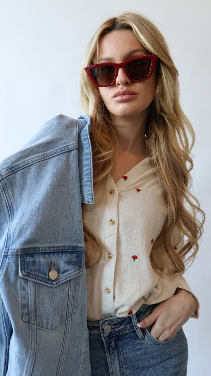 Floral Embroidered Linen Button Down Top