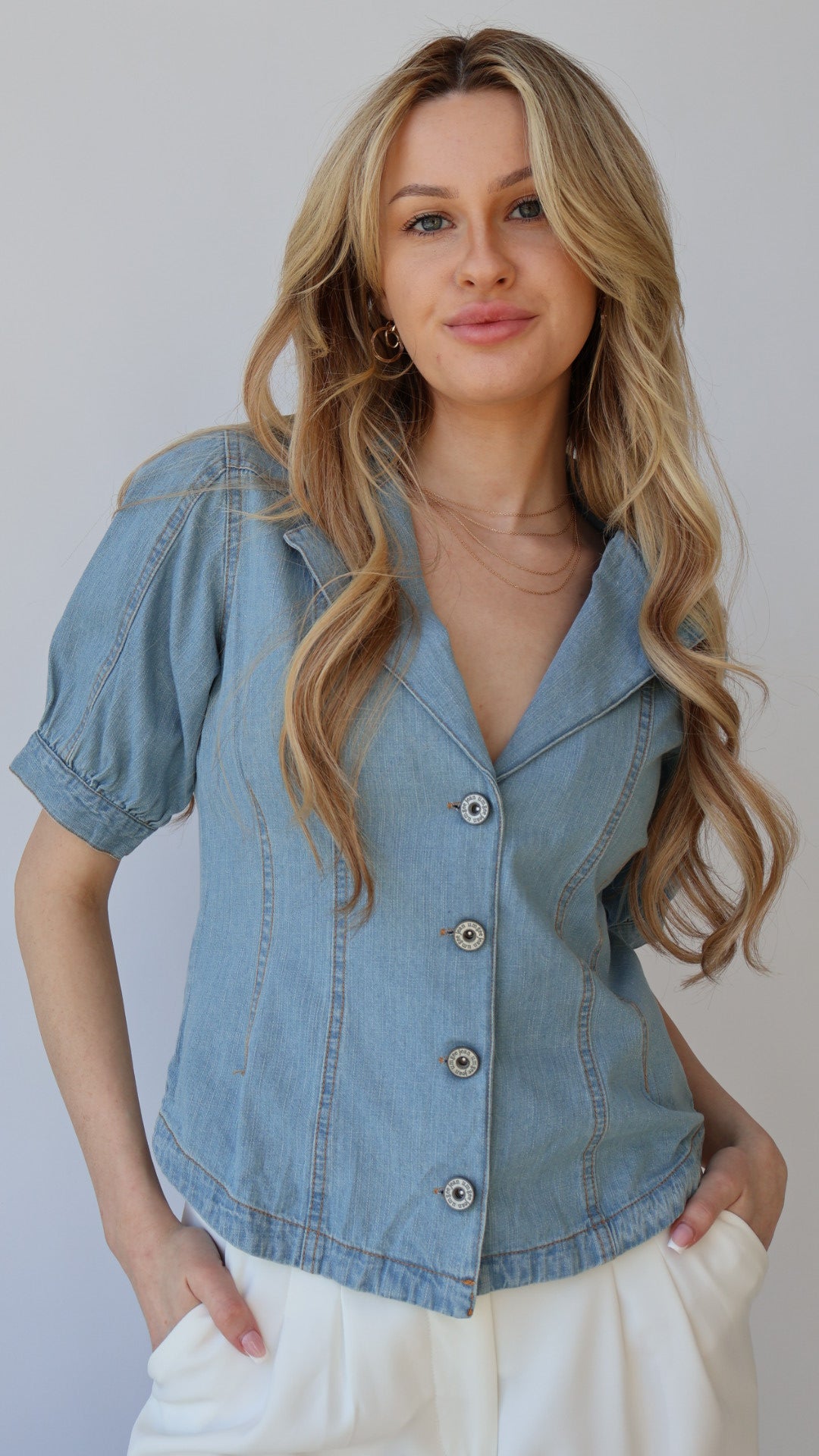 Puff Sleeve Denim Button Down Top