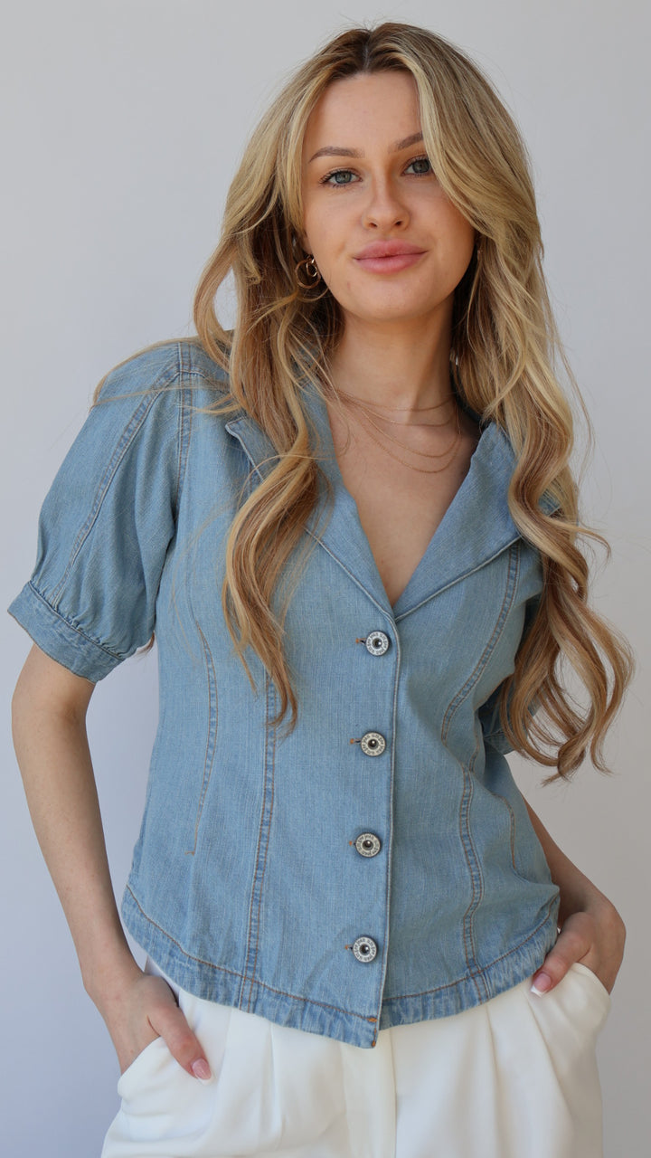 Puff Sleeve Denim Button Down Top