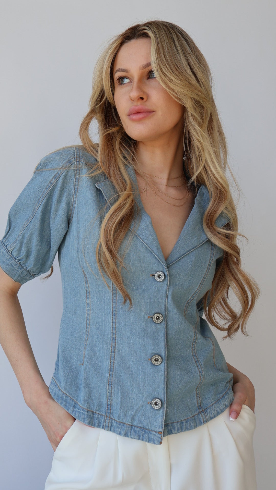 Puff Sleeve Denim Button Down Top